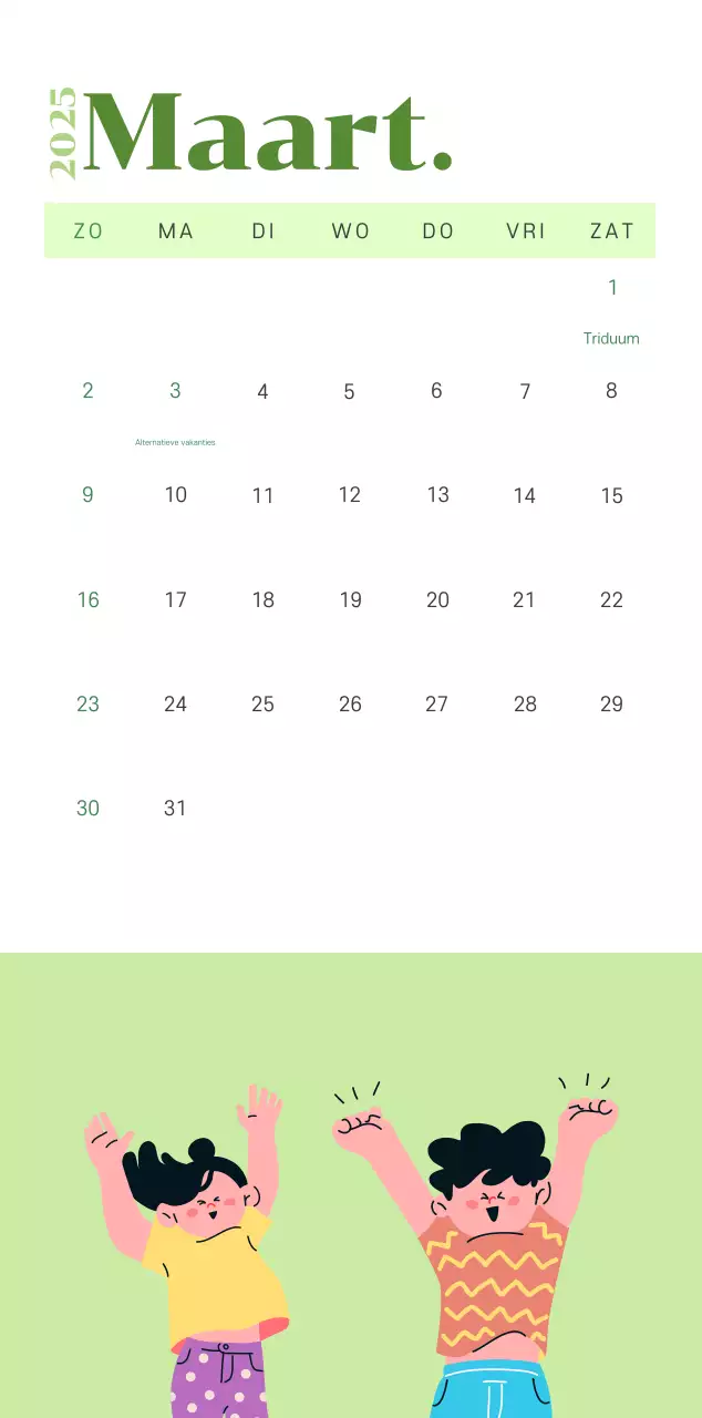 Kalender met jeugdillustraties op een geelgroene achtergrond
