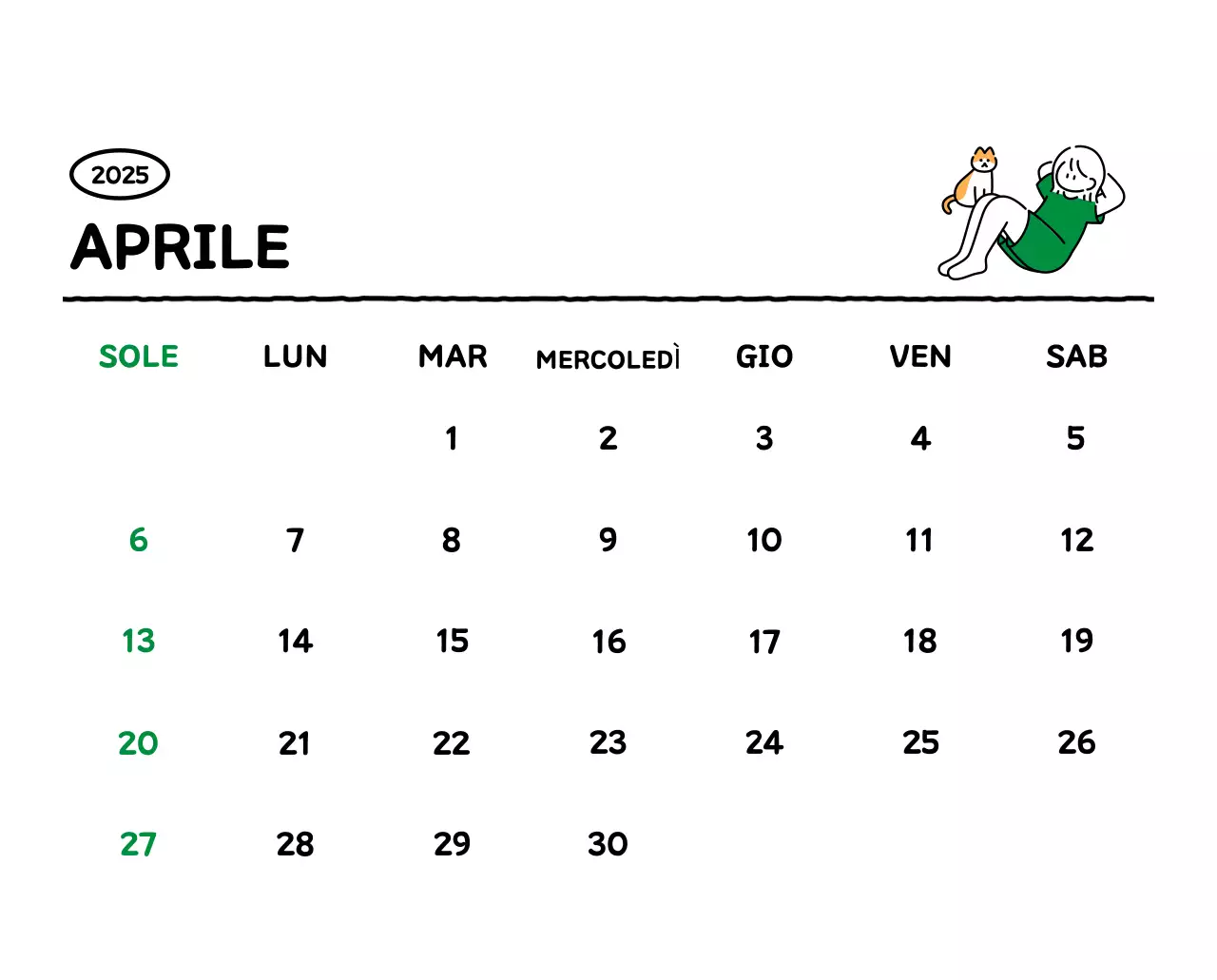 Calendario illustrato con un grazioso stile di linee