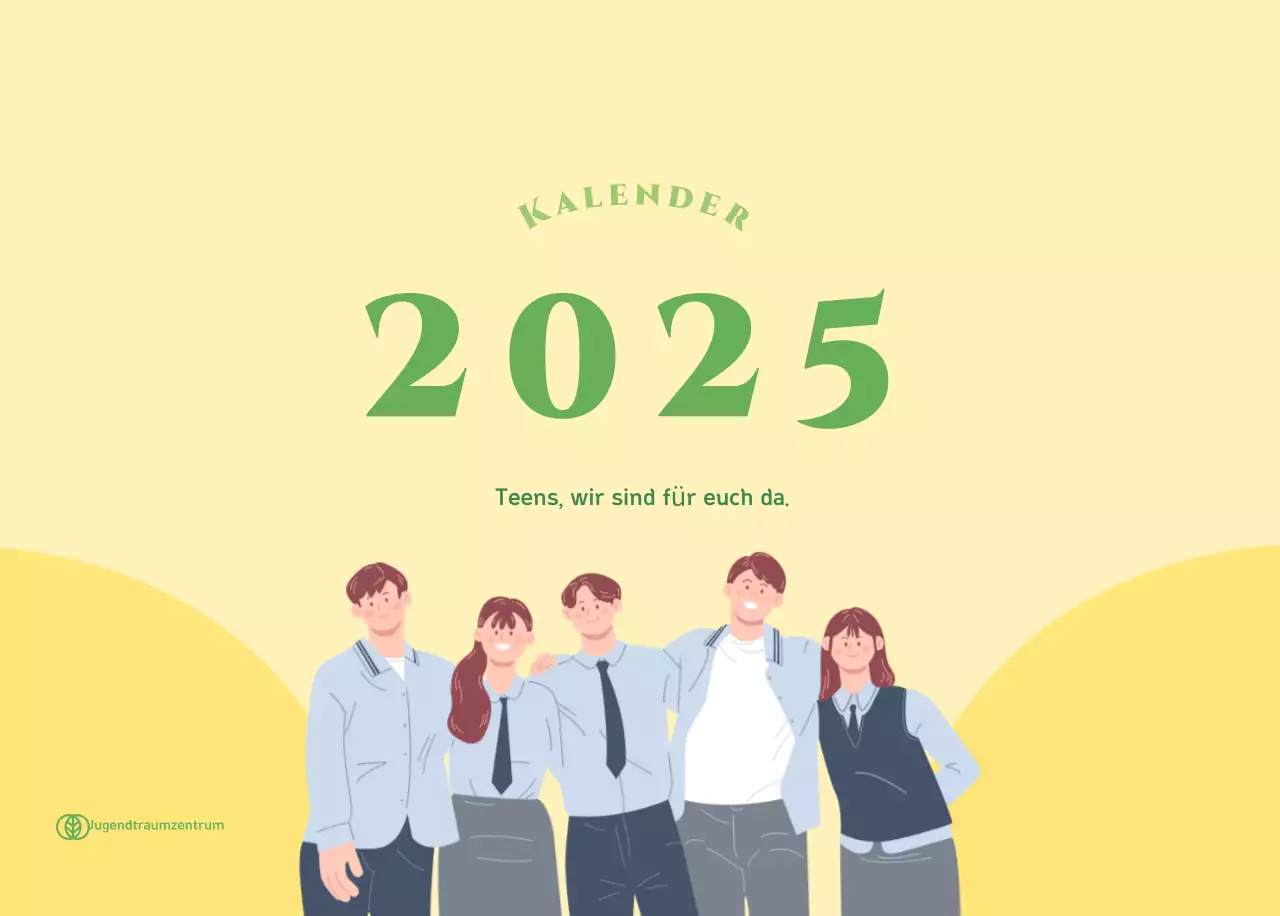 Kalender mit Jugendillustrationen auf gelb-grünem Hintergrund