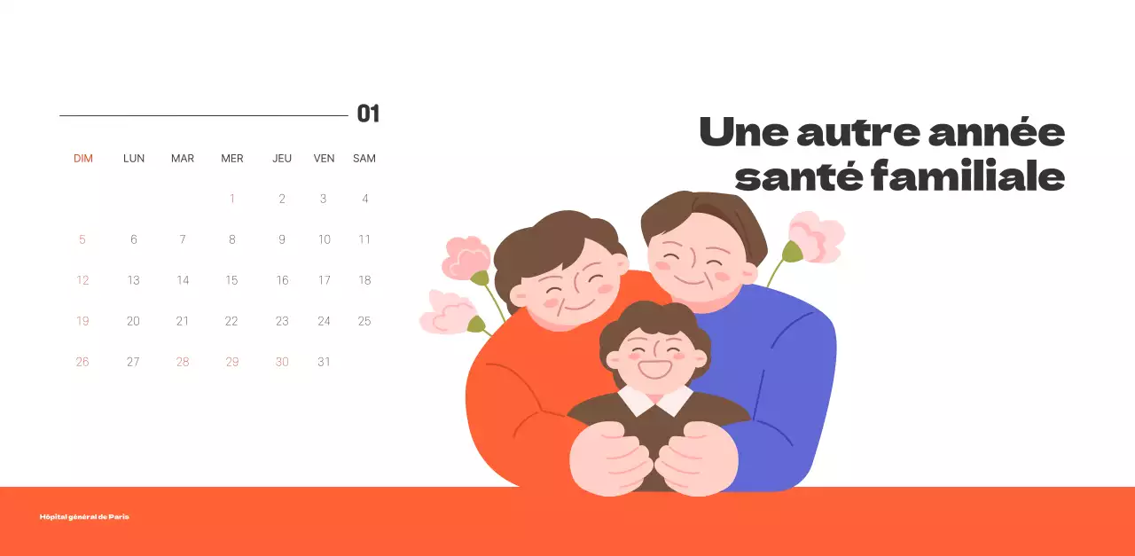 Un hôpital festif avec des illustrations sur le thème de la santé et de la famille et des accents colorés.