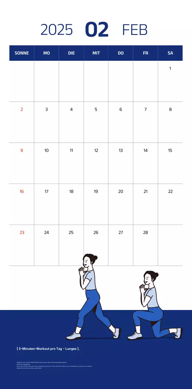 Einfacher Kalender mit blauen, klaren Illustrationen