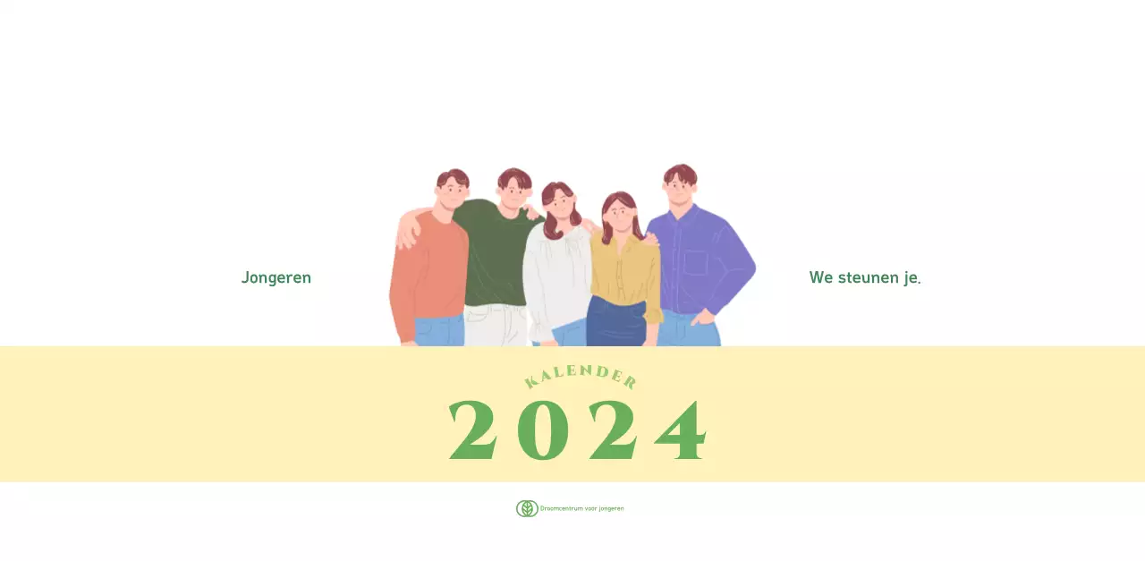 Kalender met jeugdillustraties op een geelgroene achtergrond