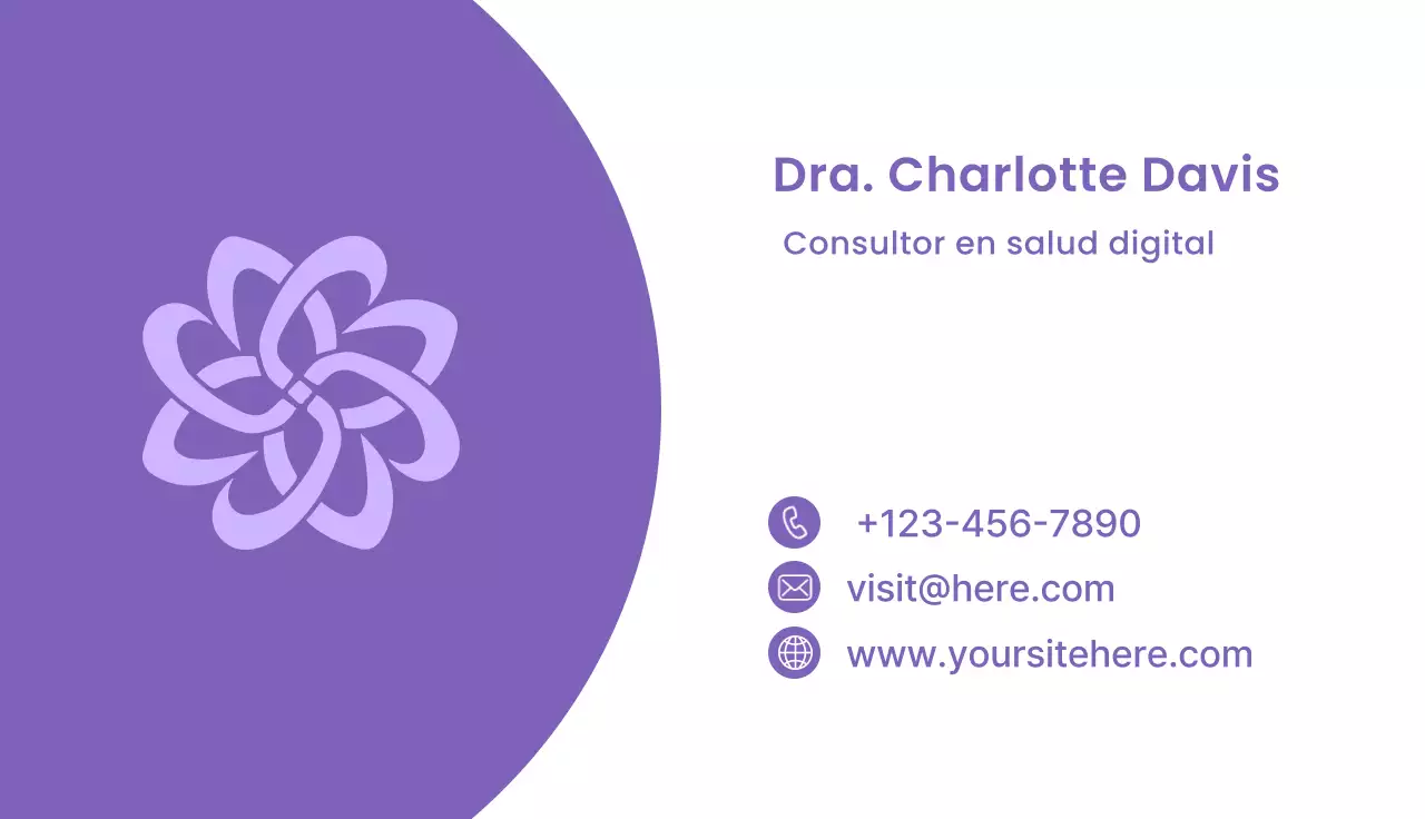 Tarjeta de visita telehealth estilo minimalista en morado y lila