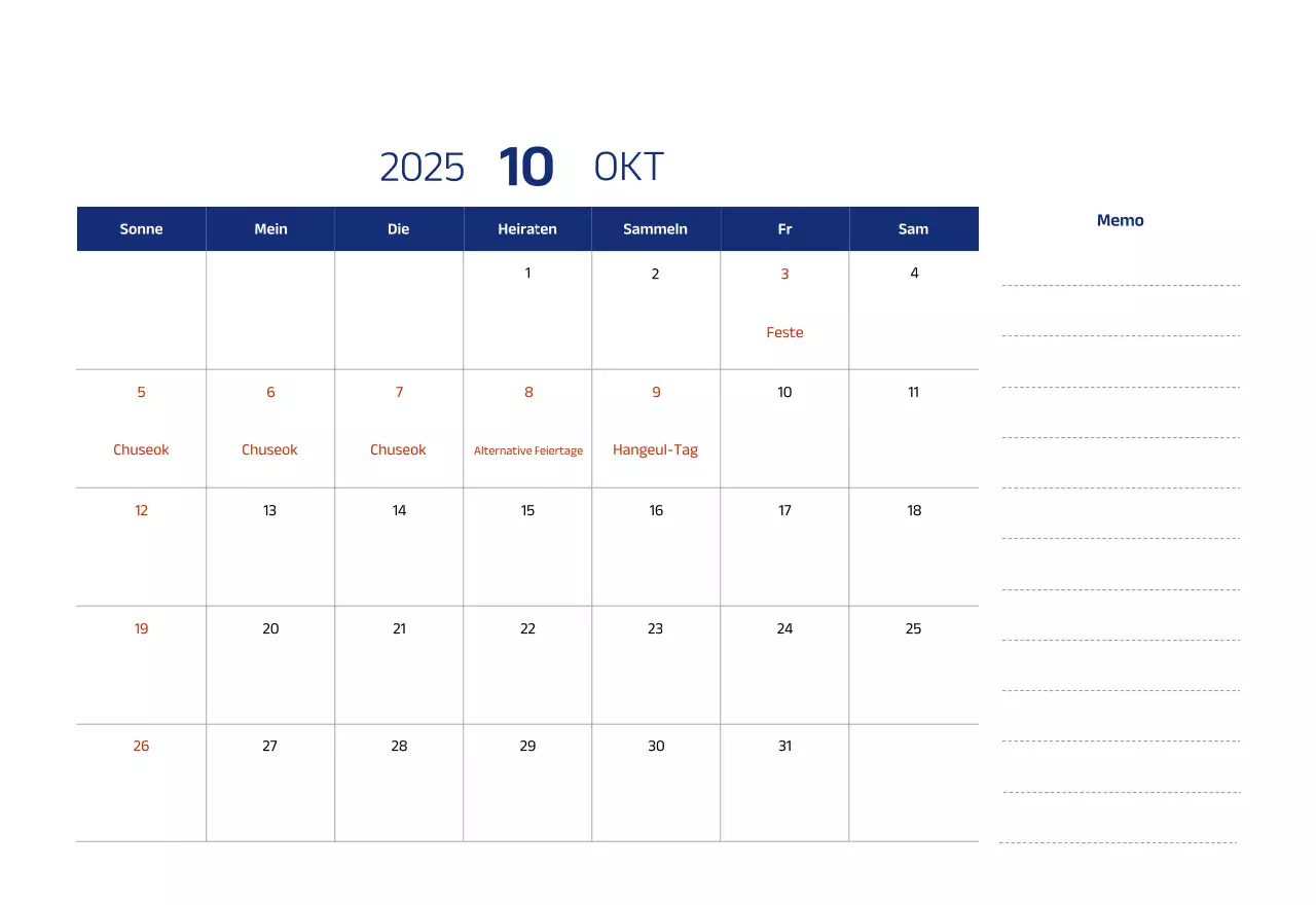 Einfacher Kalender mit blauen, klaren Illustrationen