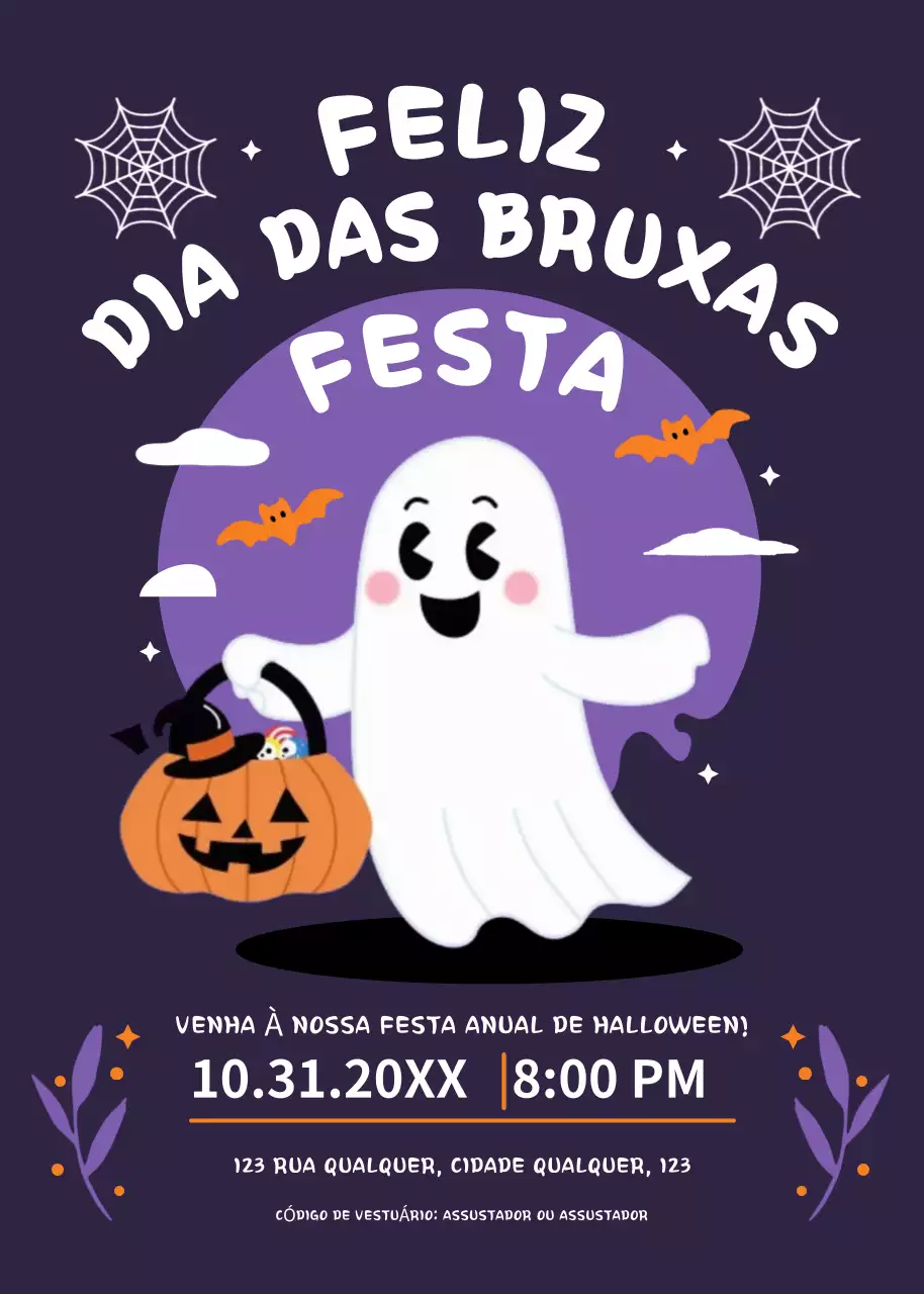 Convite para festa de Halloween laranja púrpura
