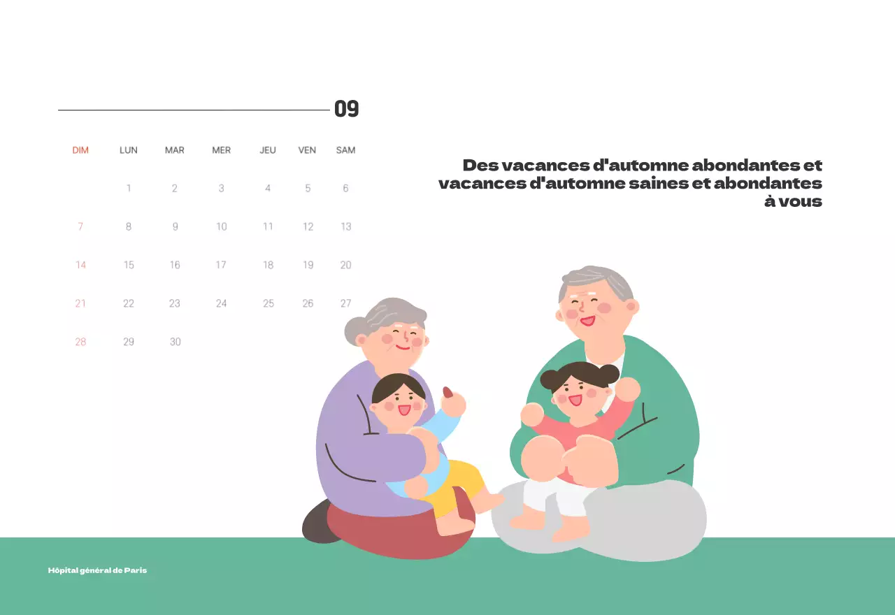 Un hôpital festif avec des illustrations sur le thème de la santé et de la famille et des accents colorés.
