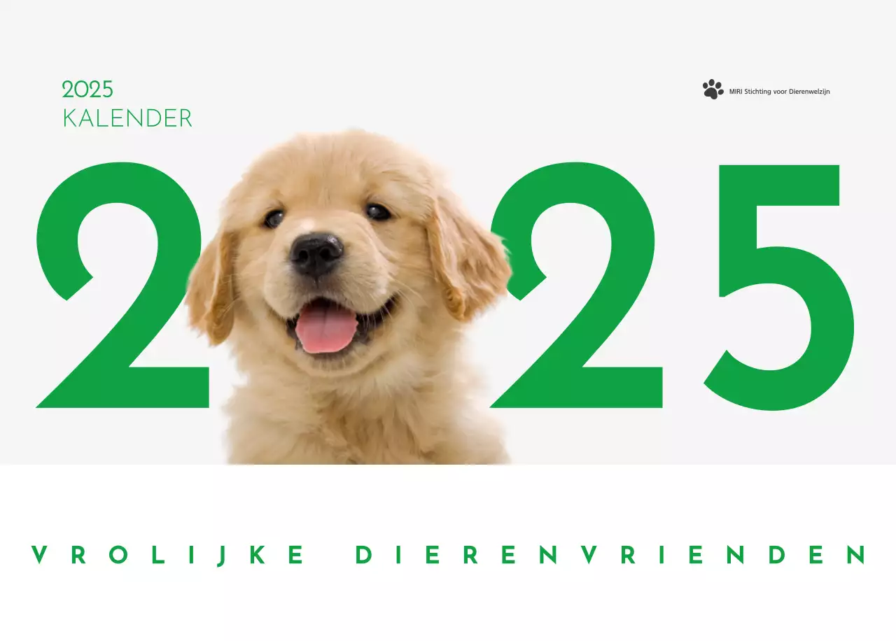 Een kalender met een puppyfoto en een schattige boodschap in groene accentkleur