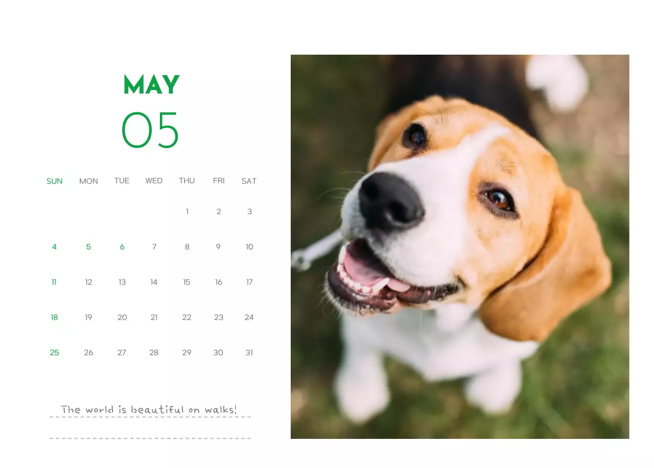 A calendar with a puppy photo and cute message in a green accent color