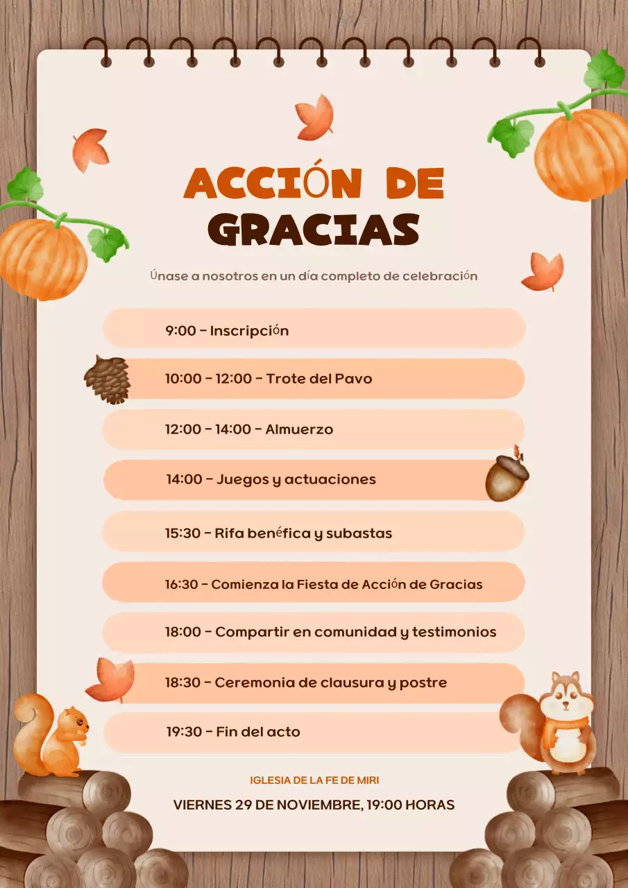 calendario de actos de acción de gracias en orange rustic