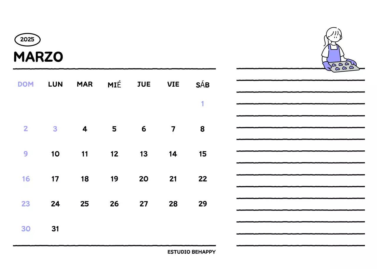 Calendario ilustrado con un bonito estilo de líneas