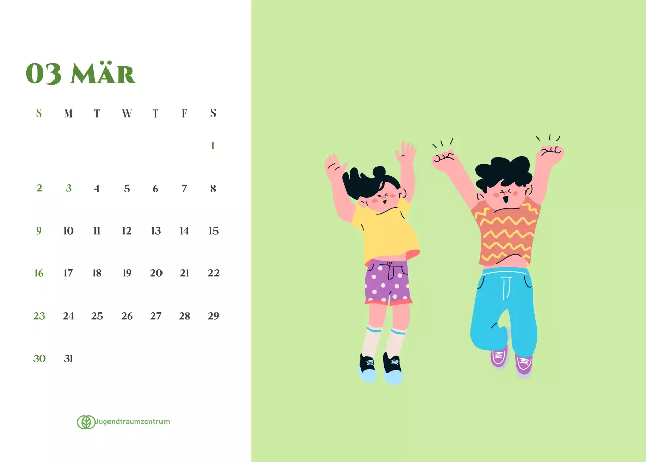 Kalender mit Jugendillustrationen auf gelb-grünem Hintergrund