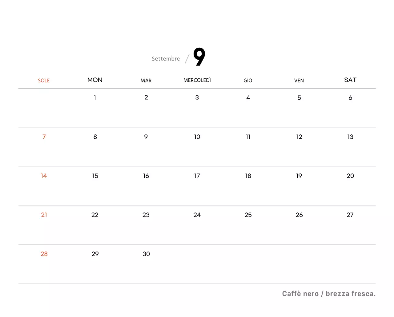 Semplice calendario da tavolo con foto di caffè per bar nei toni del bianco