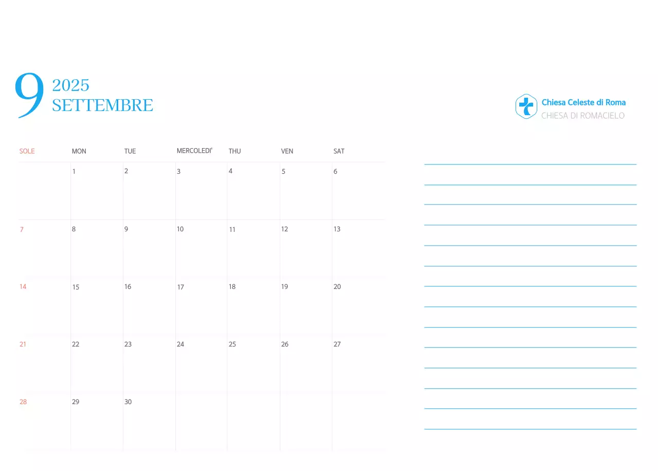 Calendario ecclesiastico blu di concezione moderna