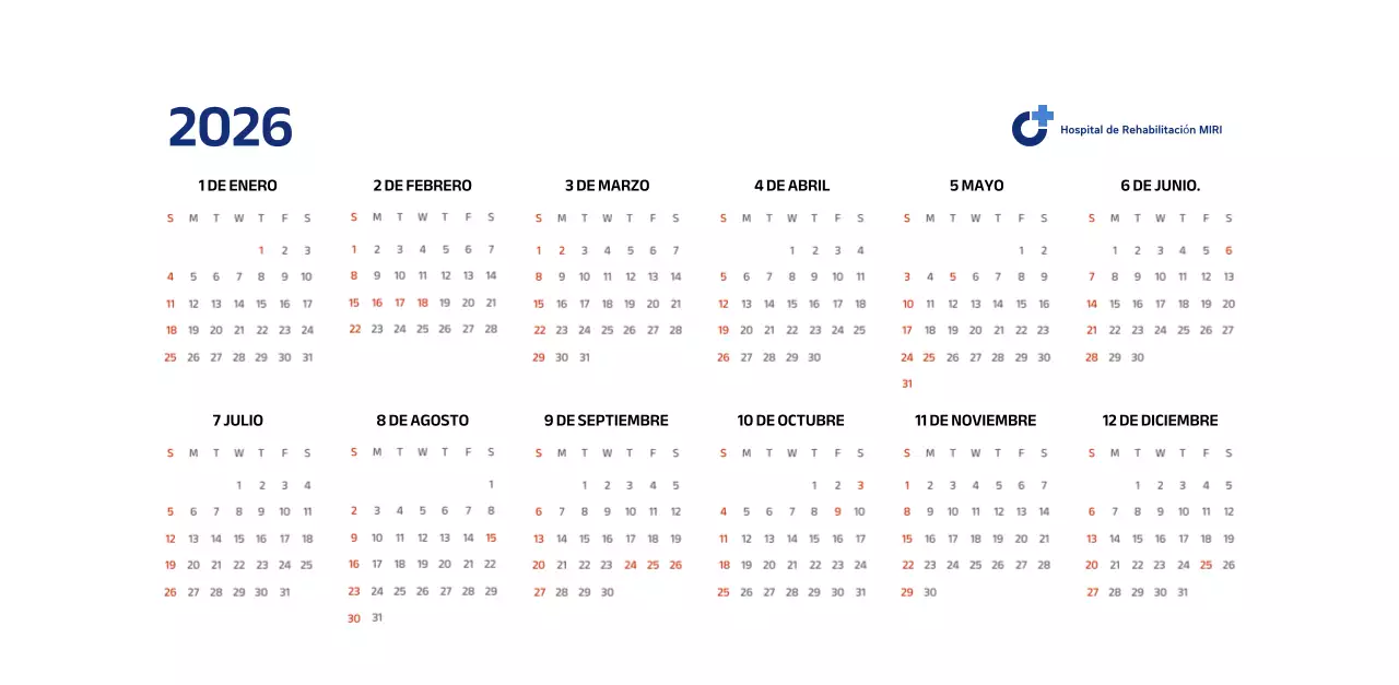 Calendario sencillo con ilustraciones azules y limpias