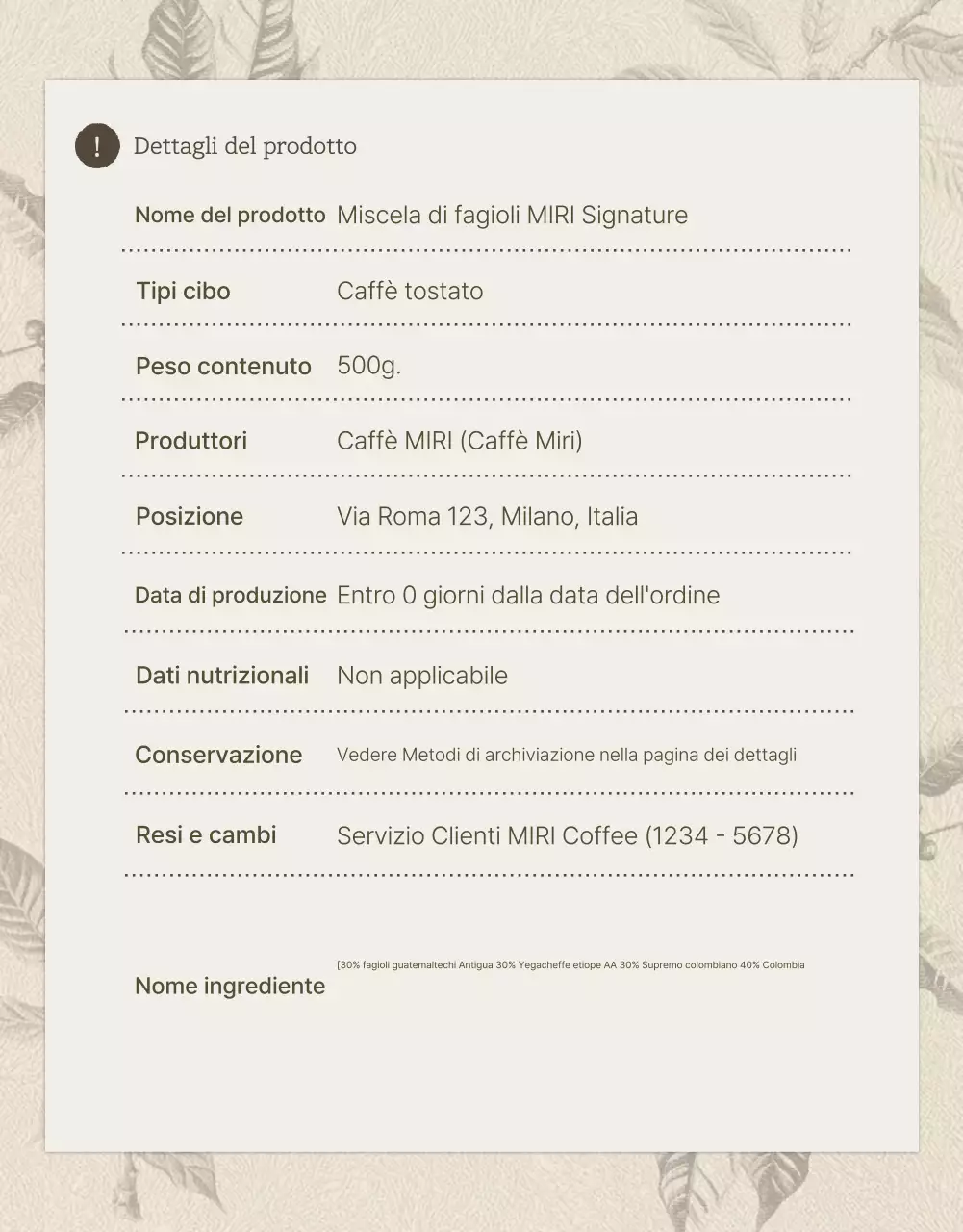 Pagina di dettaglio chicchi di caffè vintage beige e marrone