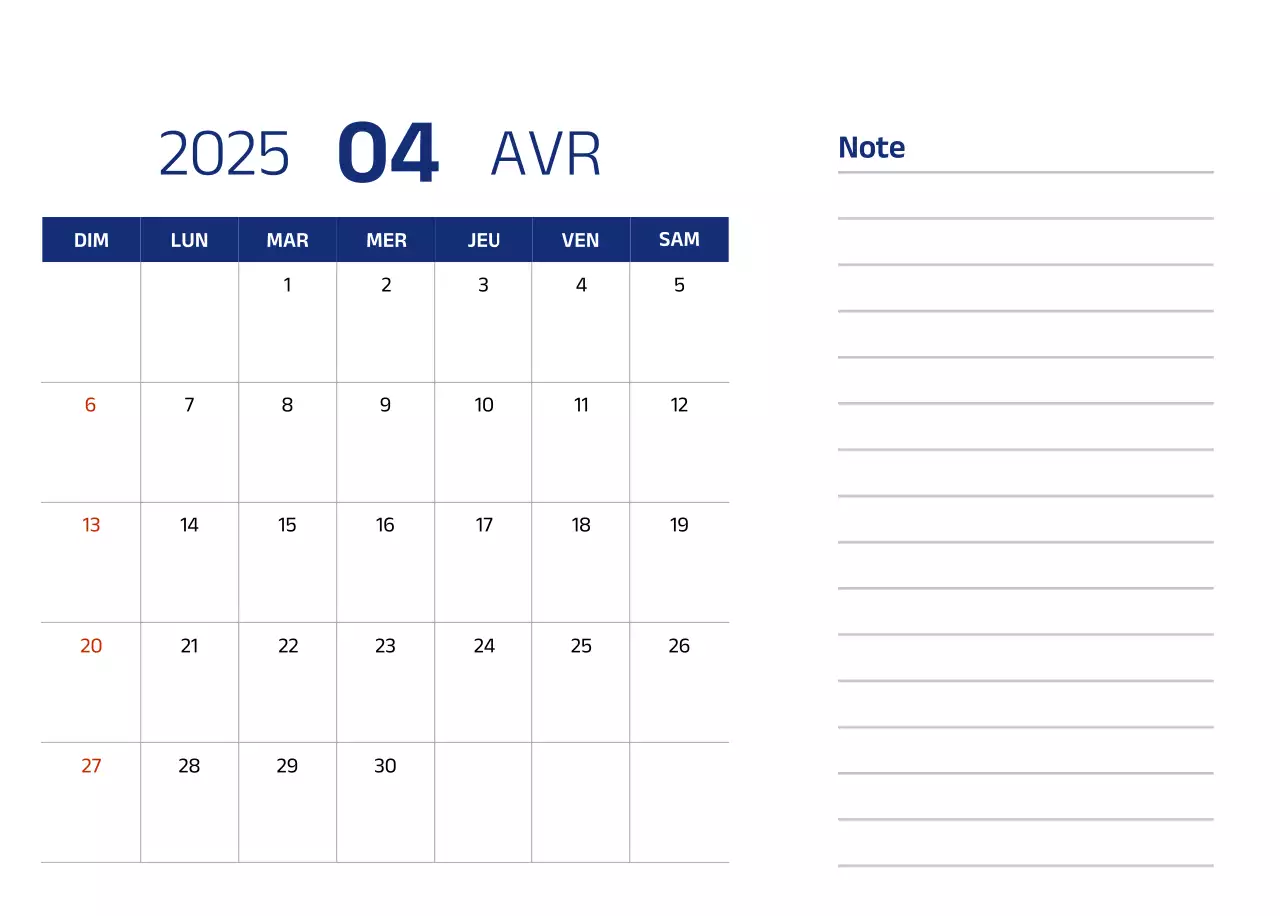 Calendrier simple avec des illustrations bleues et épurées