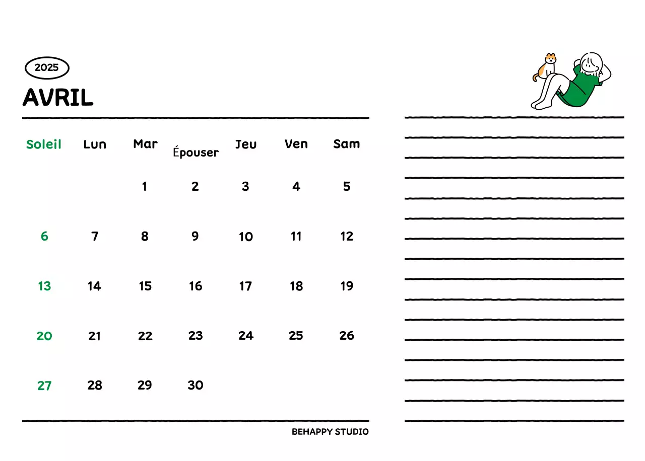 Calendrier illustré avec un joli style de lignes