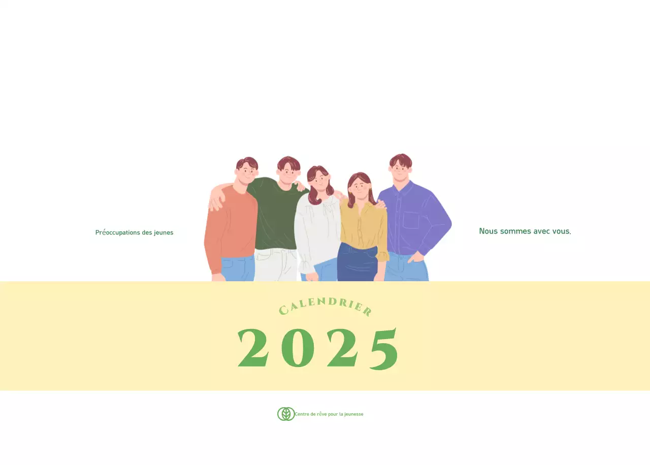 Calendrier avec illustrations de jeunes sur fond jaune-vert