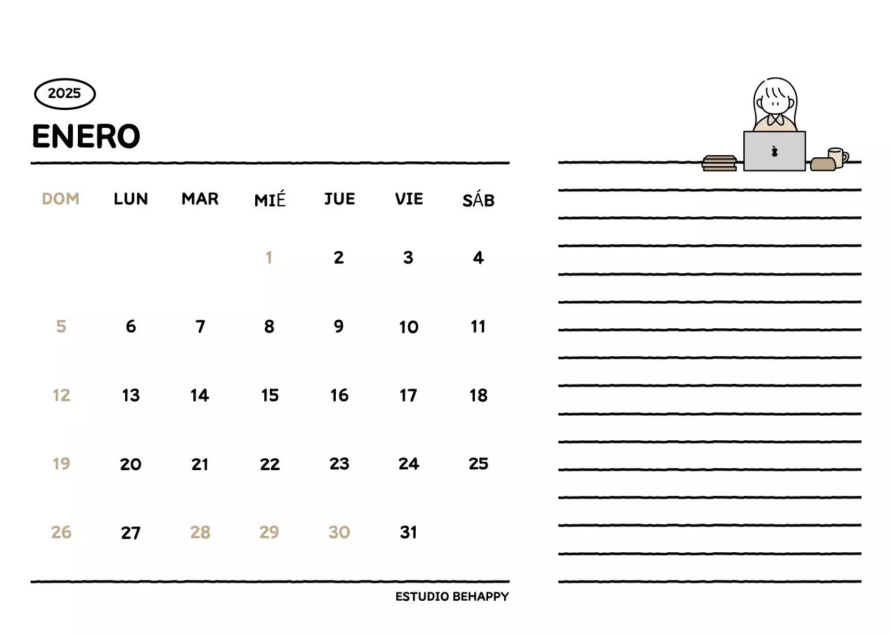 Calendario ilustrado con un bonito estilo de líneas