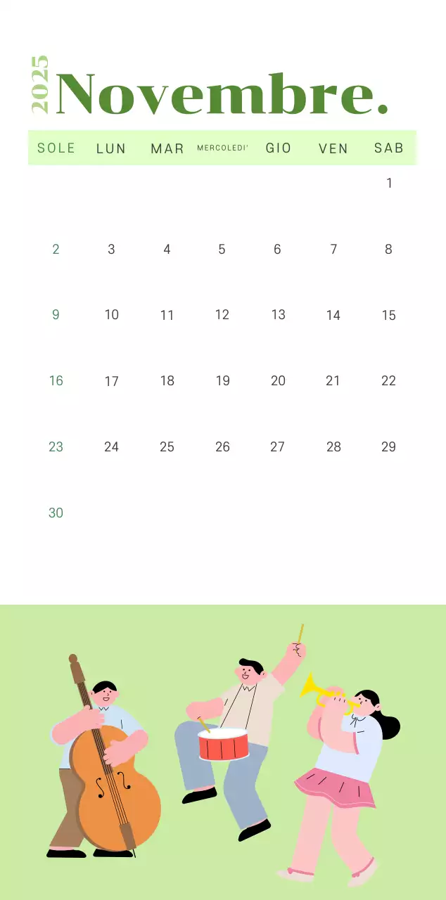 Calendario con illustrazioni giovanili su sfondo giallo-verde