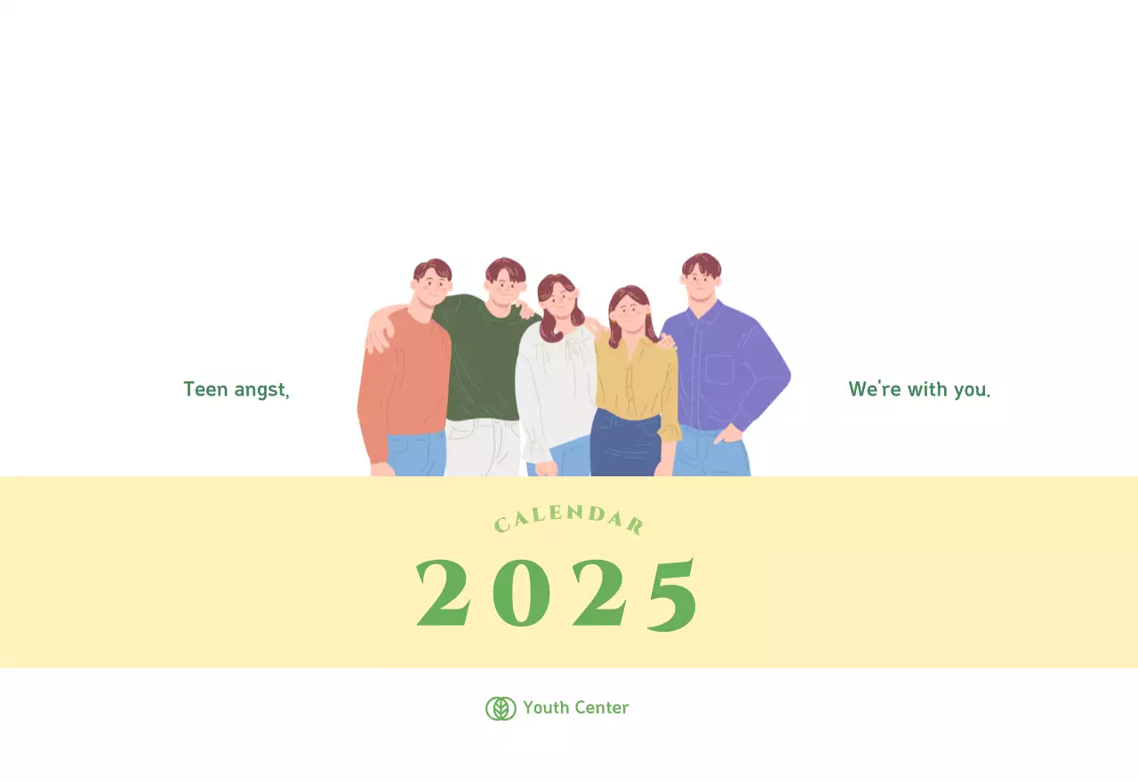 Calendar with youth illustrations on a yellow-green background