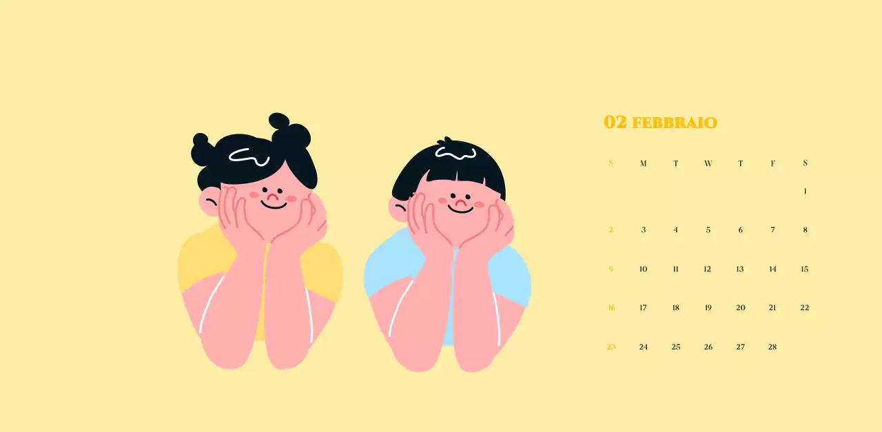 Calendario con illustrazioni giovanili su sfondo giallo-verde