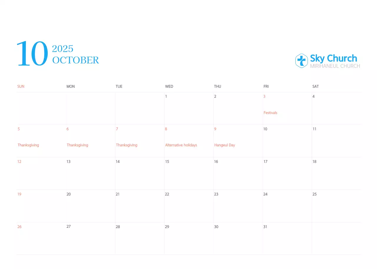 Blue modern concept church calendar
