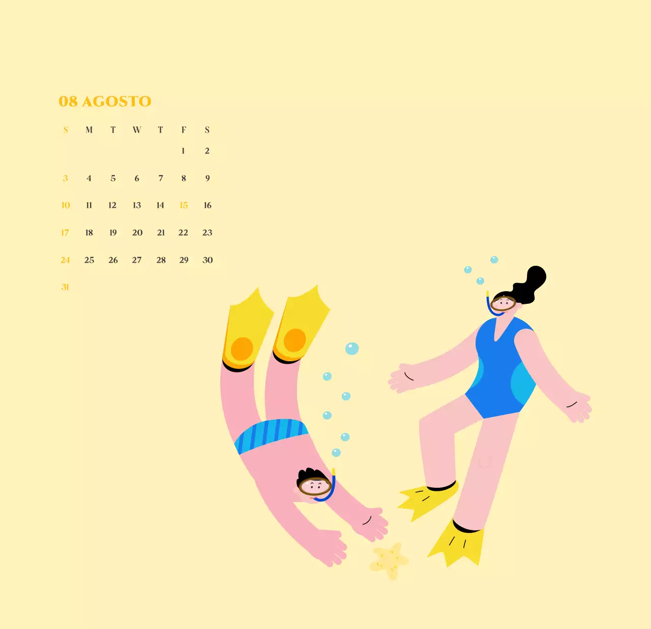 Calendario con illustrazioni giovanili su sfondo giallo-verde