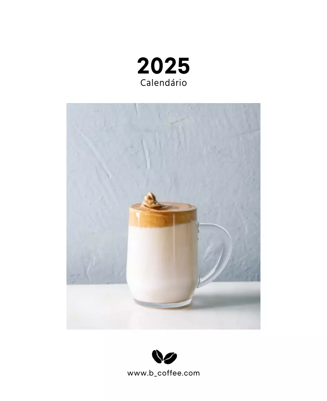 Calendário de secretária simples com fotografia de café para cafés em tons de branco