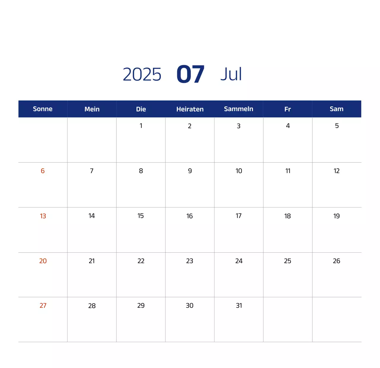 Einfacher Kalender mit blauen, klaren Illustrationen