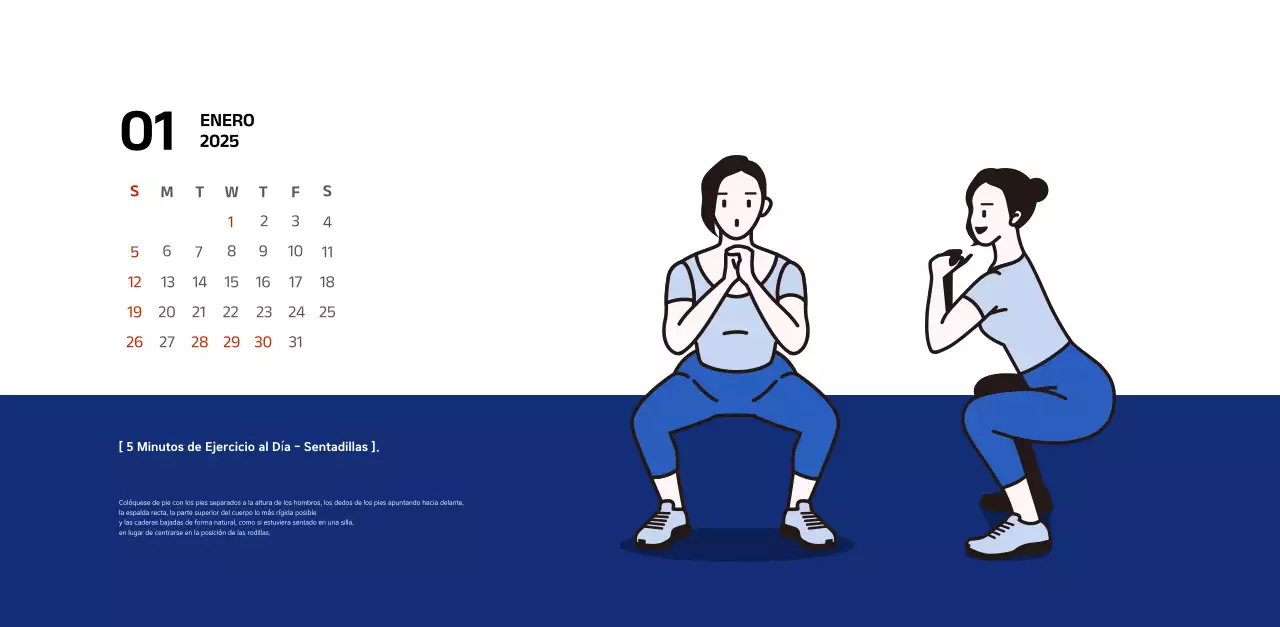 Calendario sencillo con ilustraciones azules y limpias