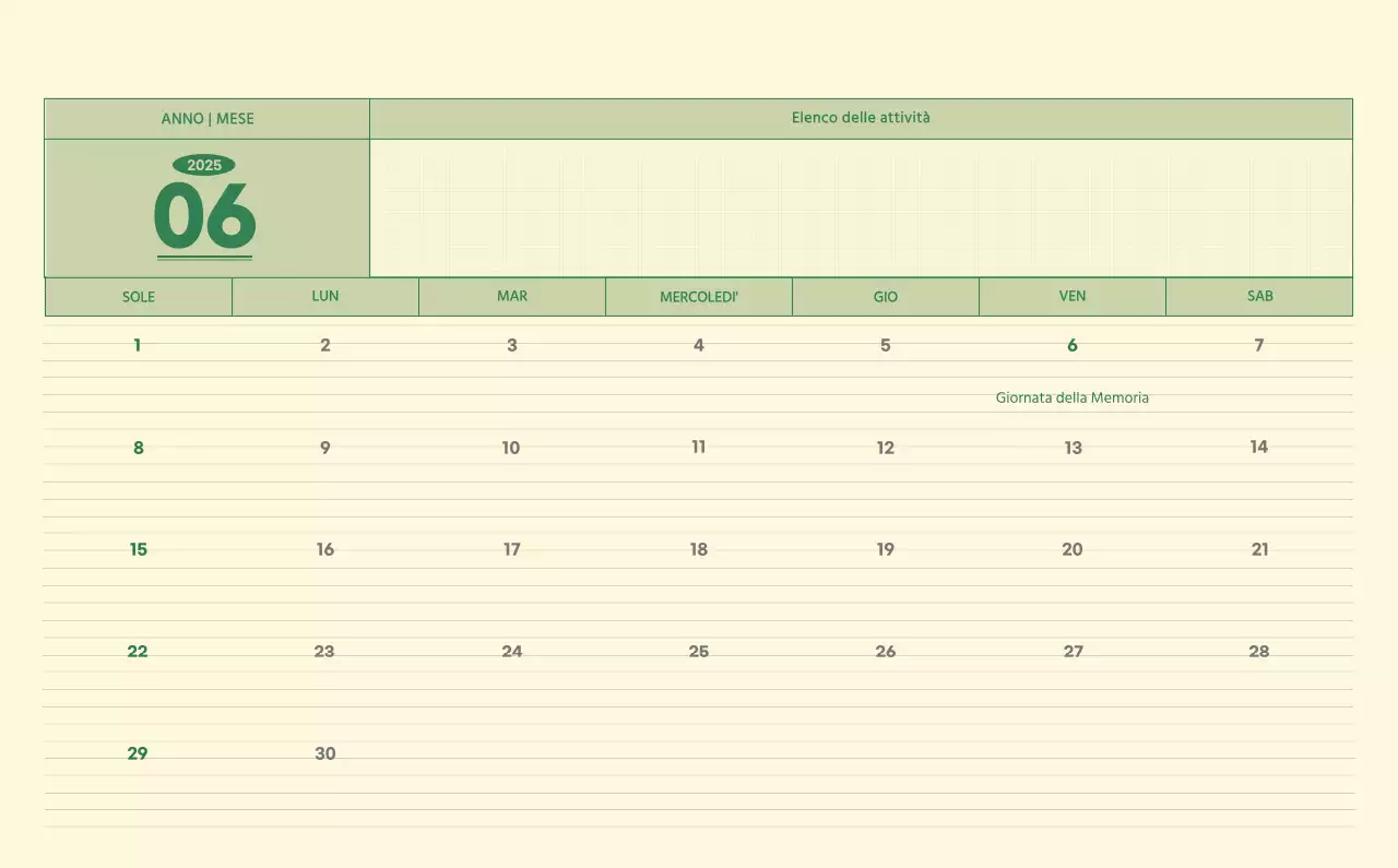 Calendario da parete SAT D-Day concept in verde e giallo chiaro