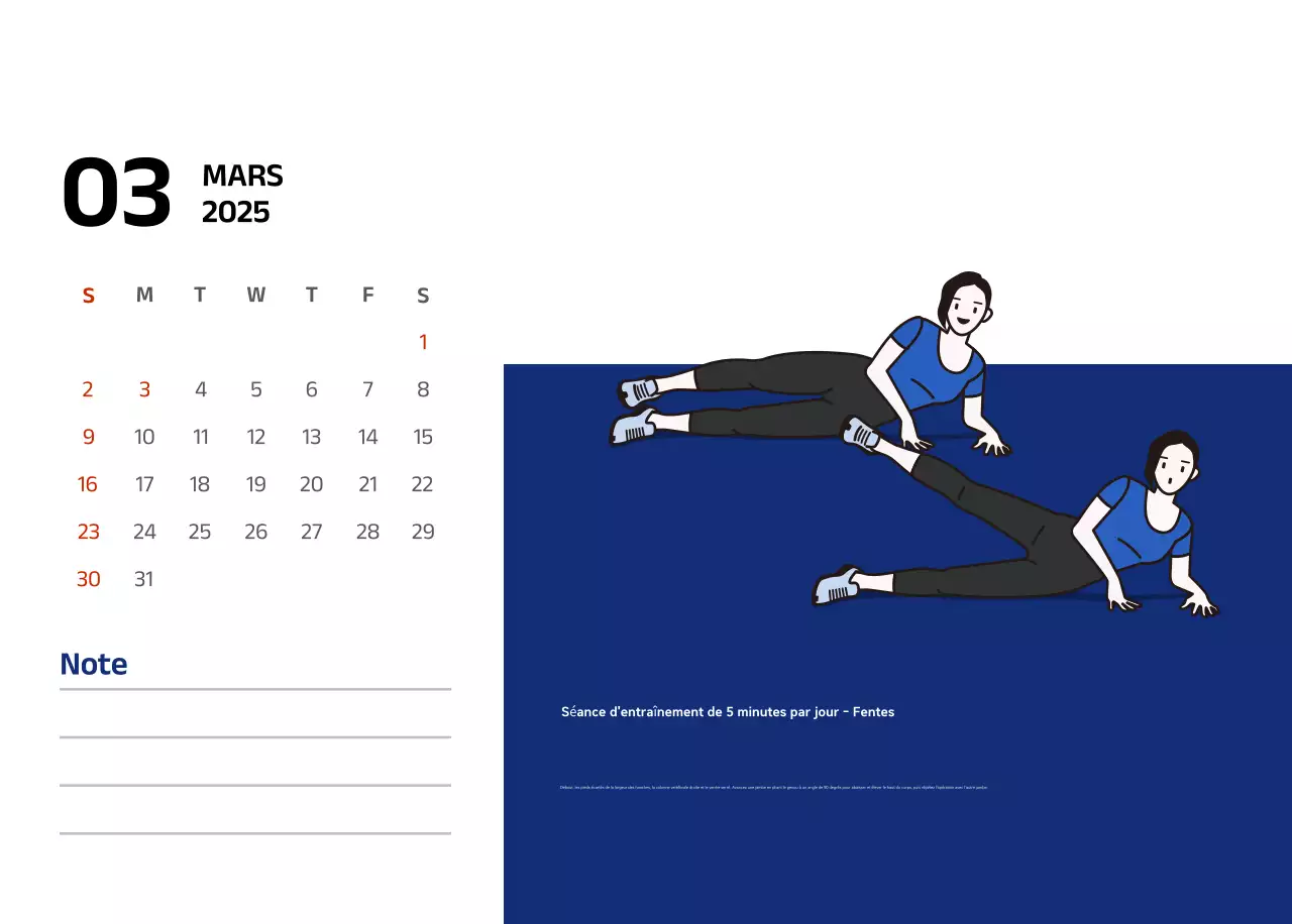 Calendrier simple avec des illustrations bleues et épurées