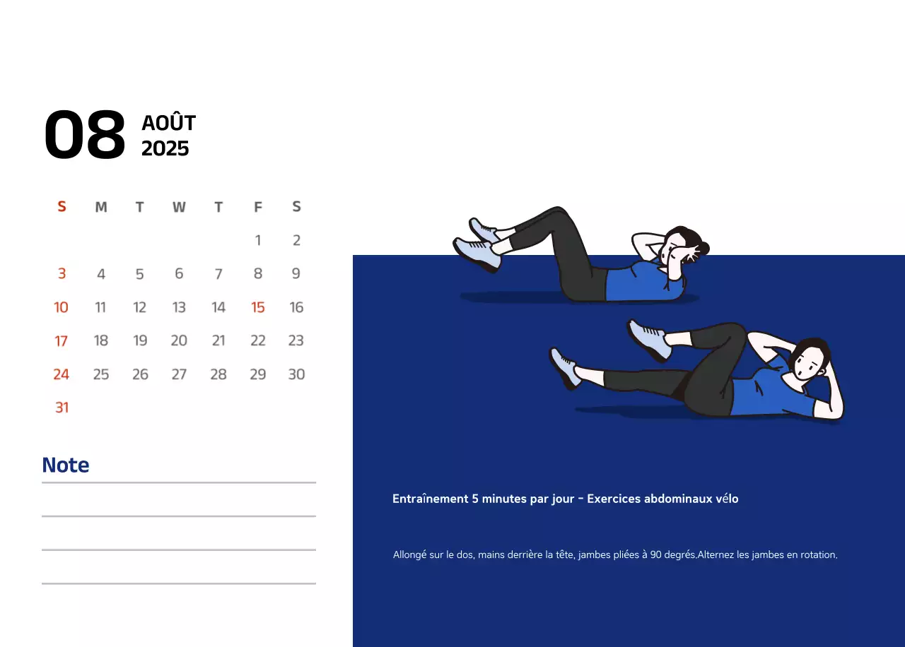Calendrier simple avec des illustrations bleues et épurées