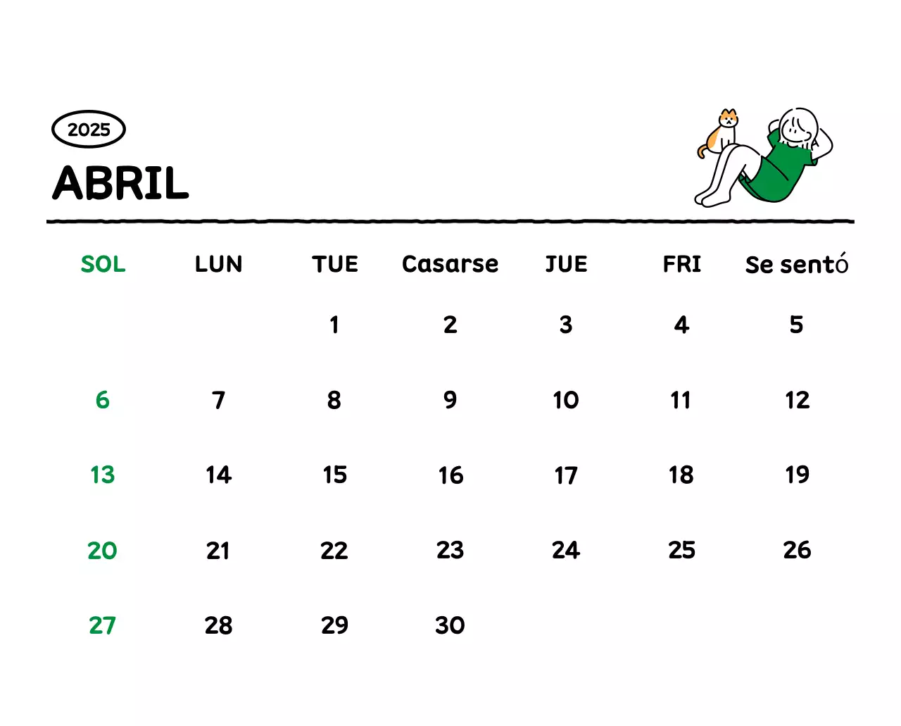 Calendario ilustrado con un bonito estilo de líneas