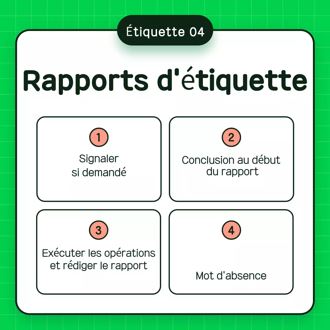 Matériel de formation à l'étiquette verte et simple sur le lieu de travail