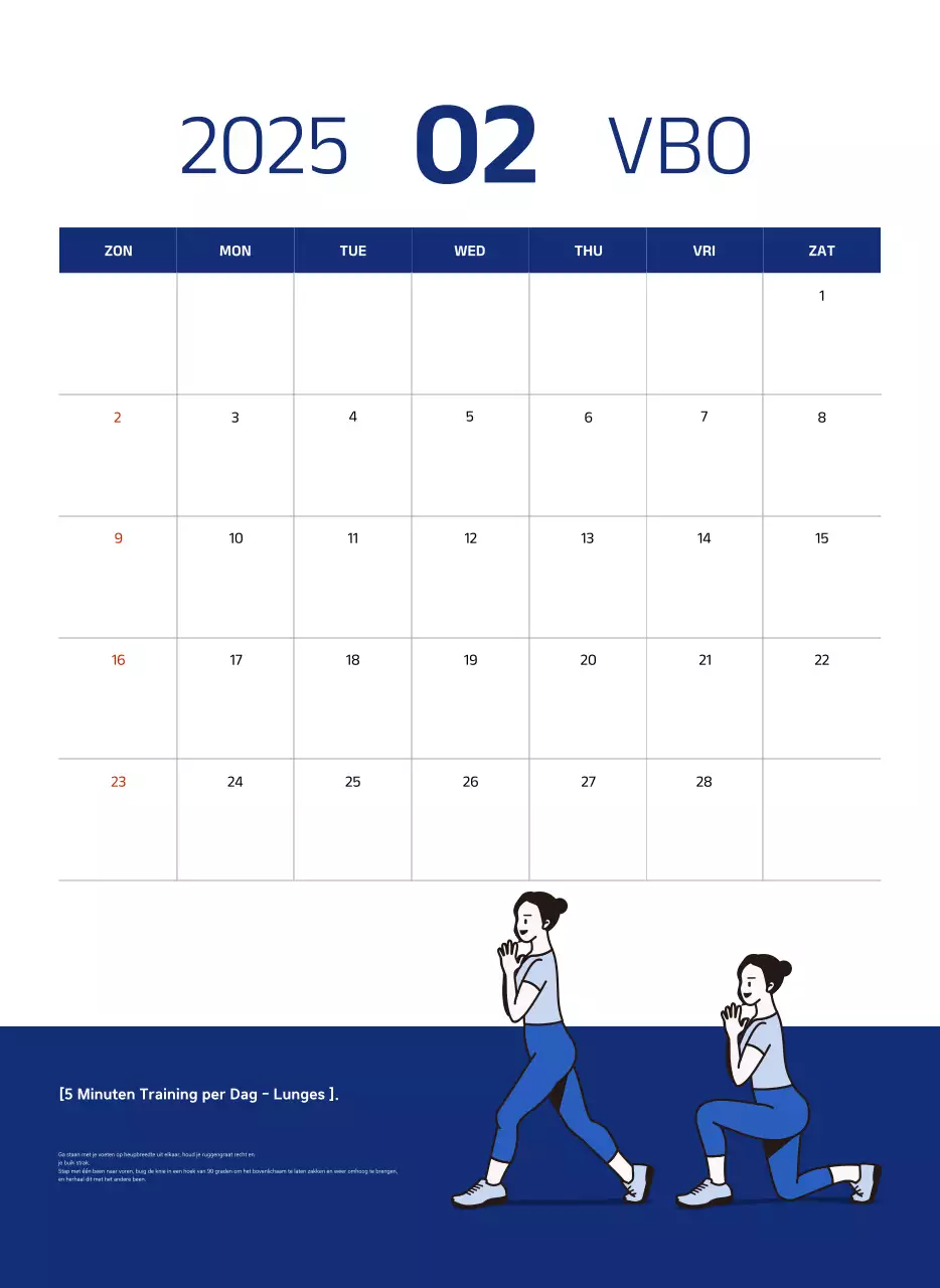 Eenvoudige kalender met blauwe, strakke illustraties