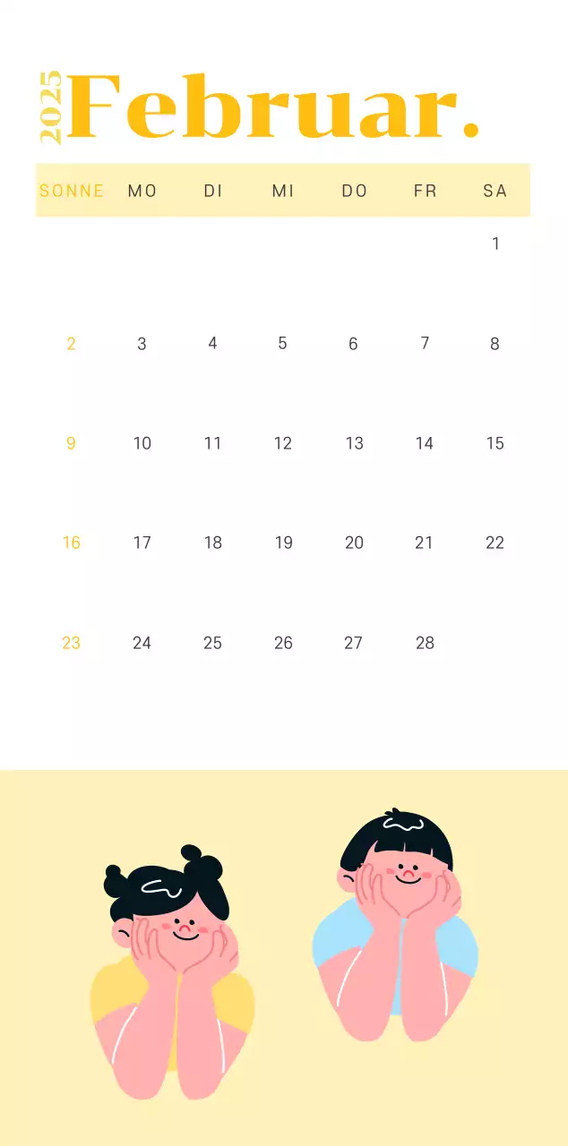 Kalender mit Jugendillustrationen auf gelb-grünem Hintergrund