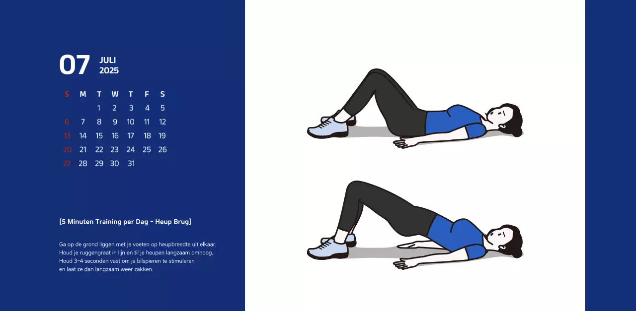 Eenvoudige kalender met blauwe, strakke illustraties