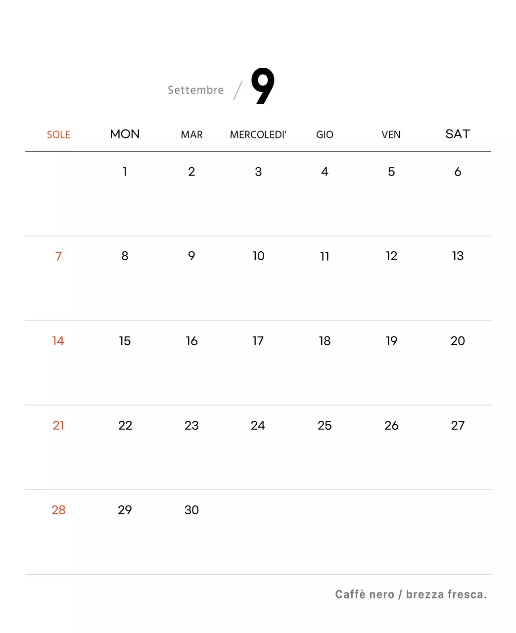 Semplice calendario da tavolo con foto di caffè per bar nei toni del bianco