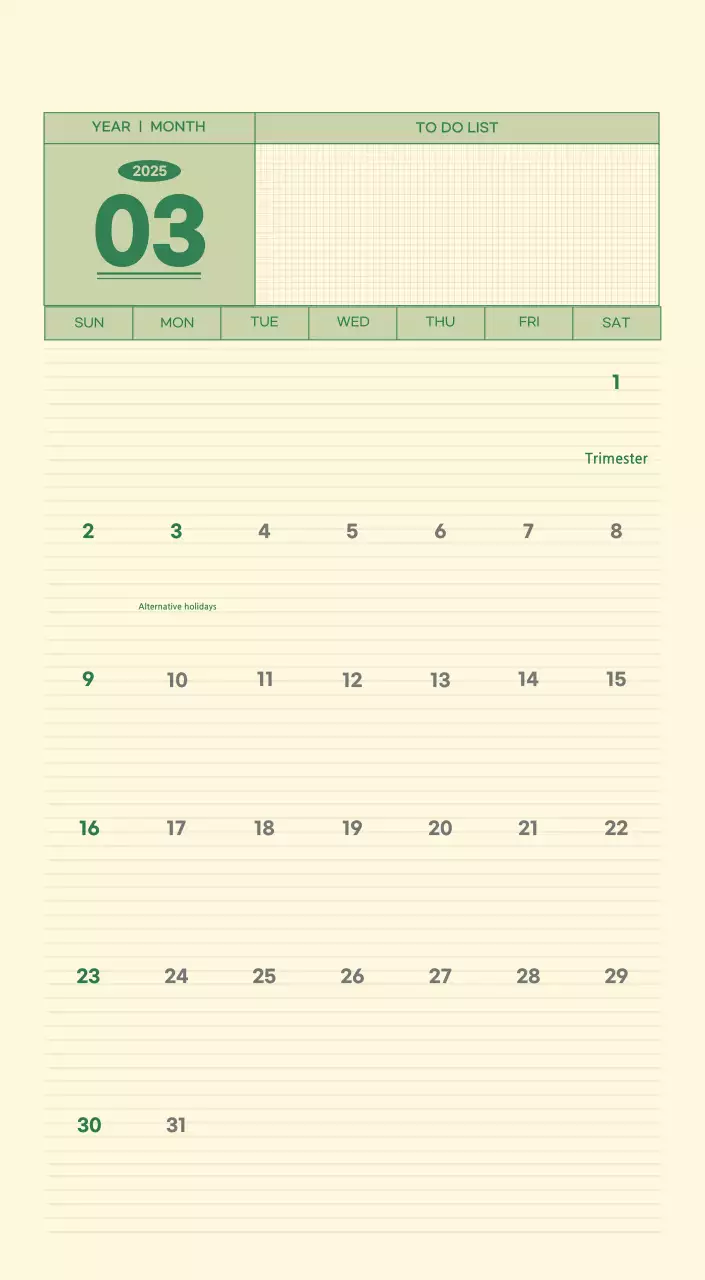 SAT D-Day Notepad Concept Wall Calendar in Green and Light Yellow