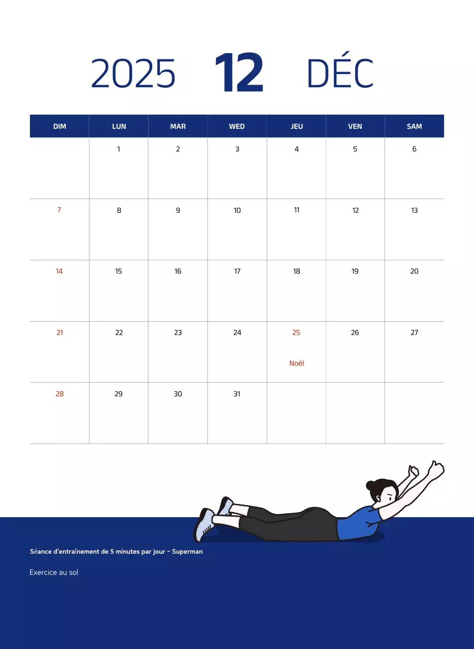 Calendrier simple avec des illustrations bleues et épurées