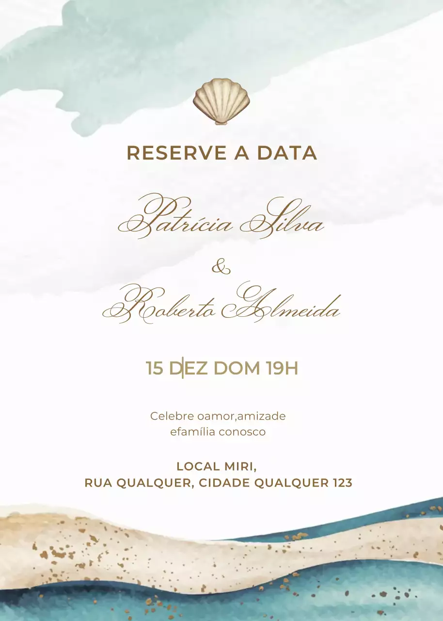 Convite de casamento bege azul dourado estilo elegante
