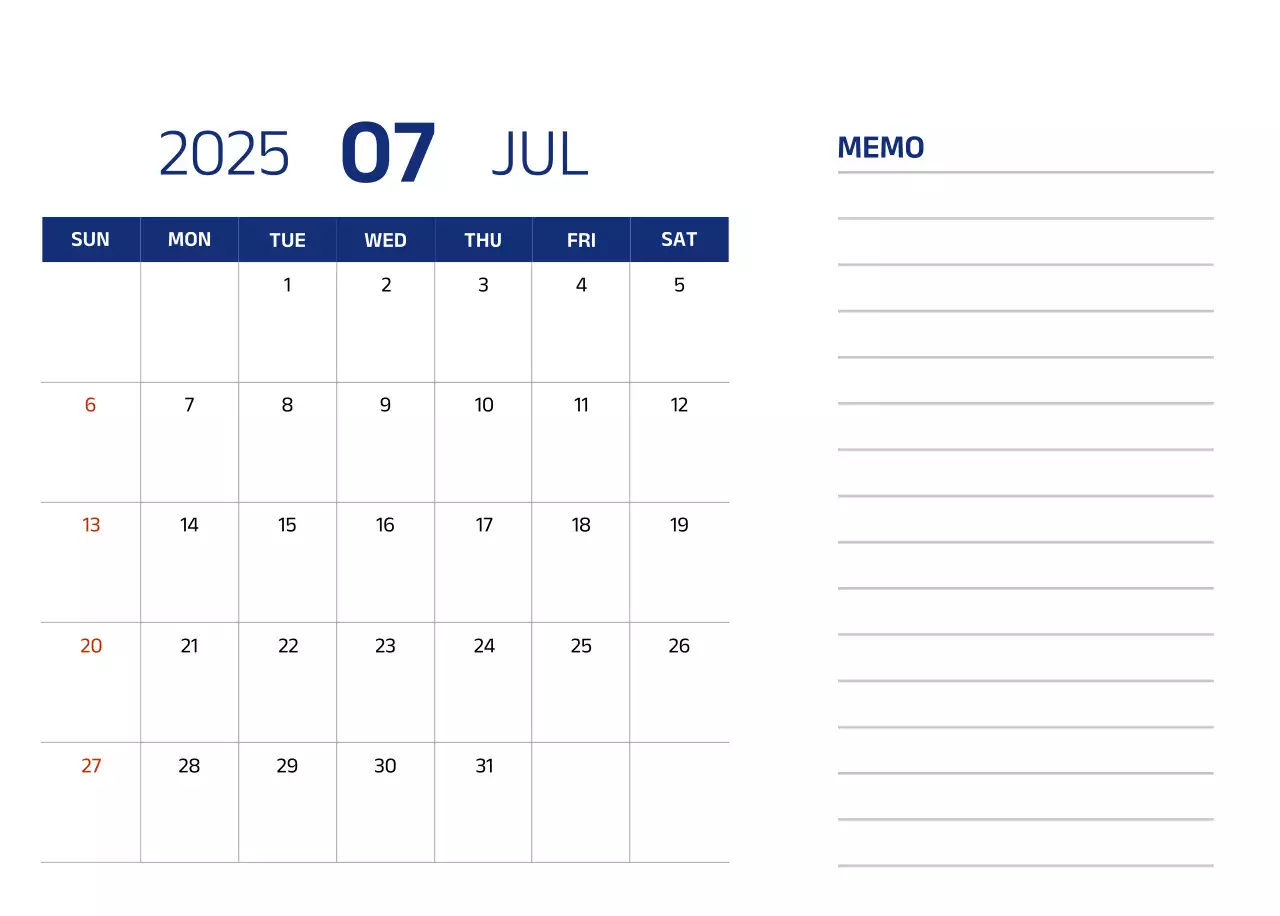 Simple calendar with blue, clean illustrations