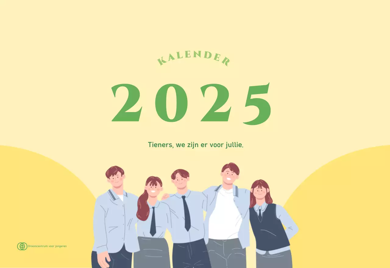 Kalender met jeugdillustraties op een geelgroene achtergrond