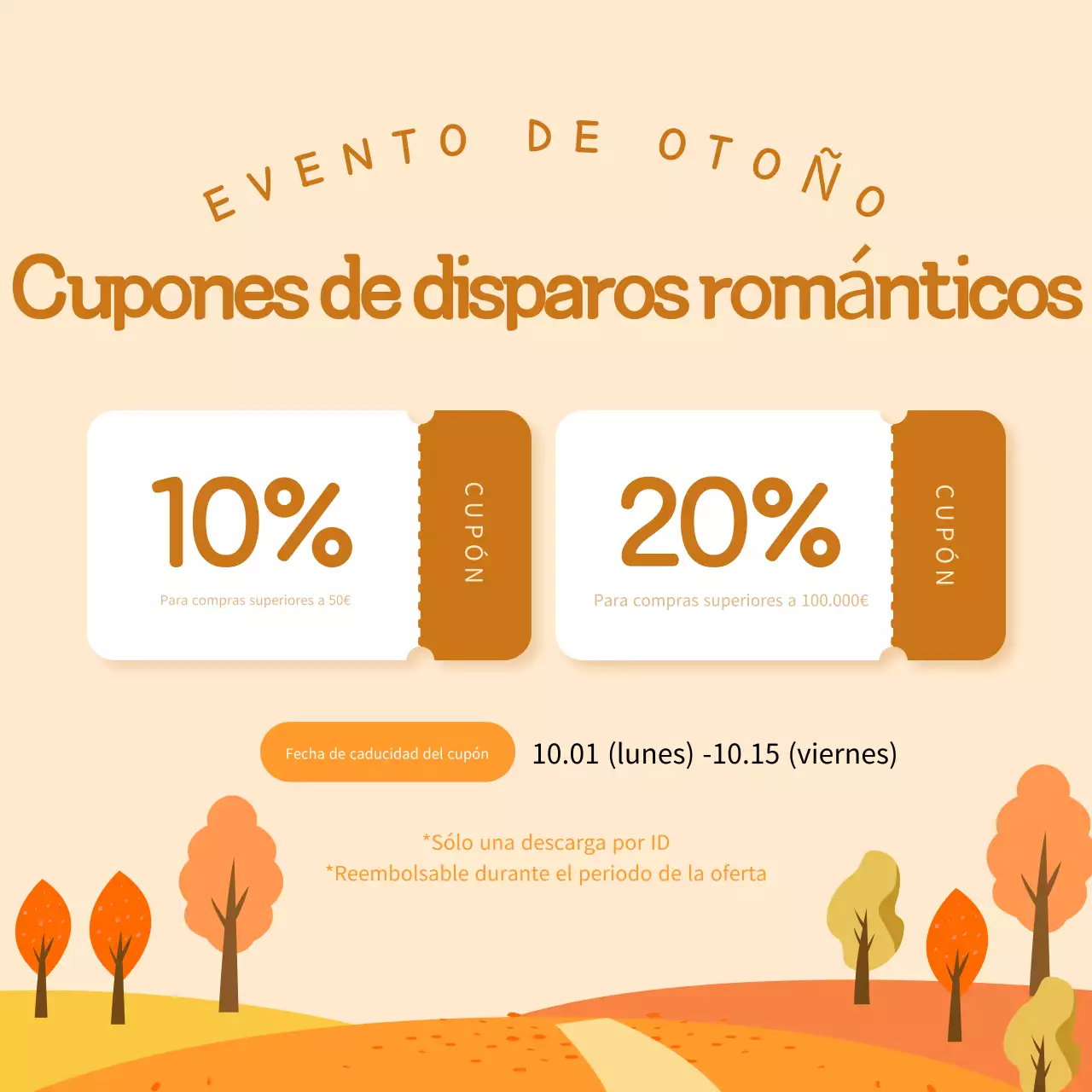 Naranja y marrón para un evento otoñal con un cupón de oferta