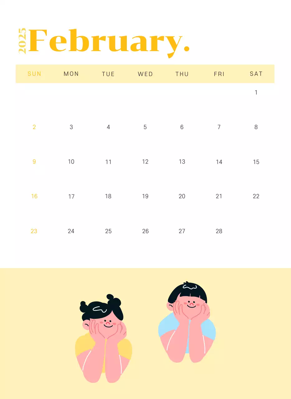 Kalender dengan ilustrasi anak muda dengan latar belakang kuning-hijau