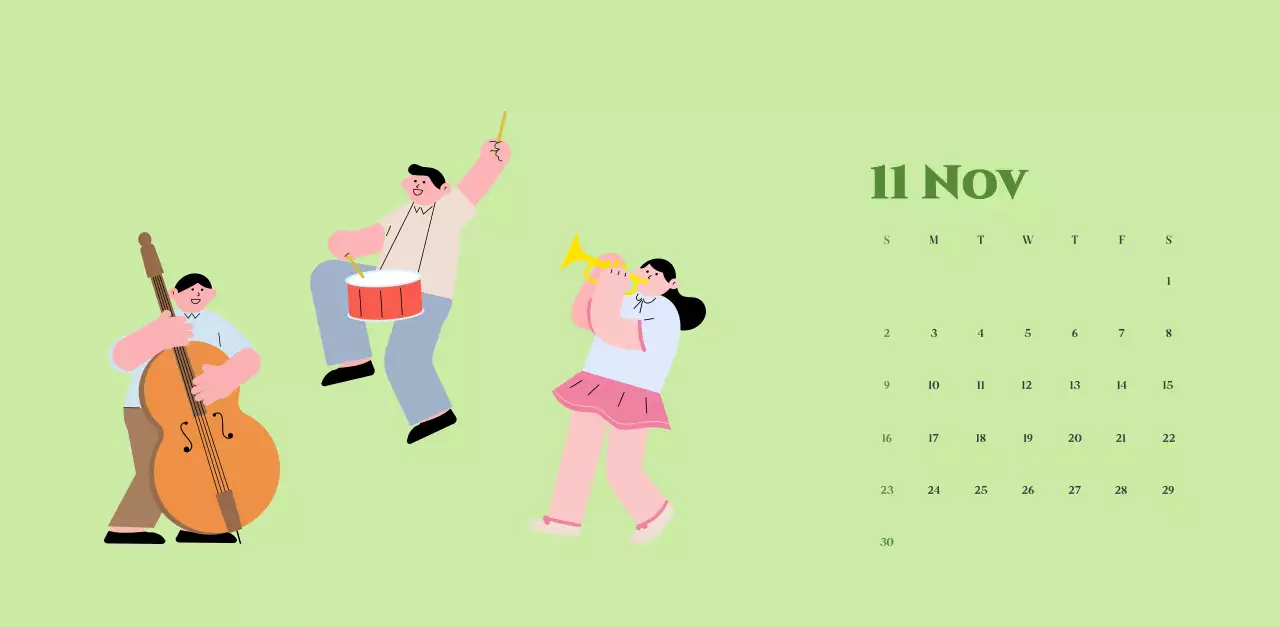 Kalender mit Jugendillustrationen auf gelb-grünem Hintergrund