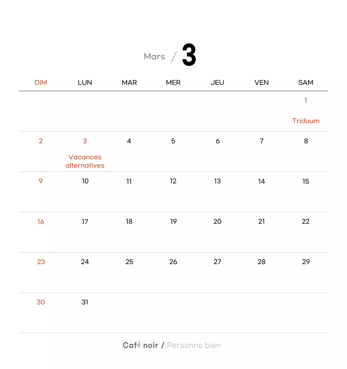 Calendrier minimaliste pour le café