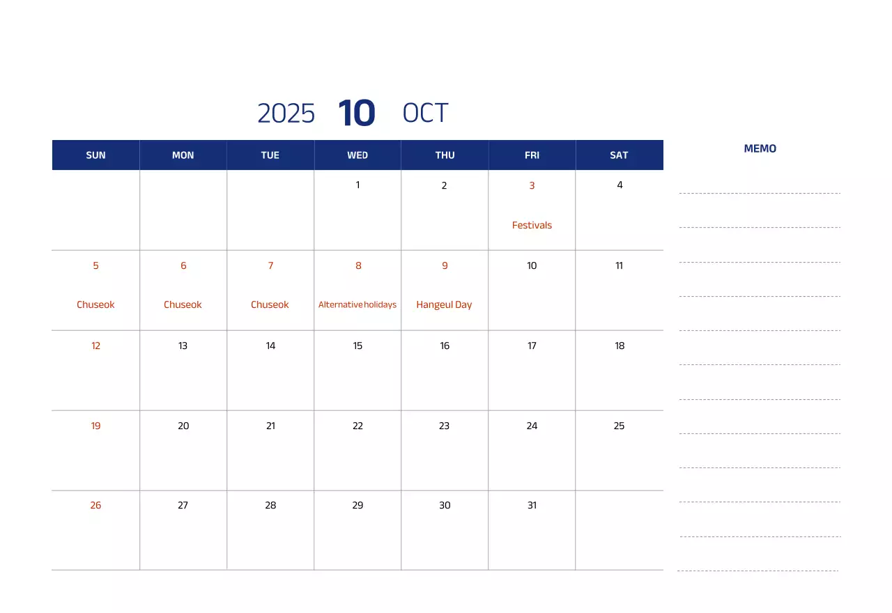 Simple calendar with blue, clean illustrations